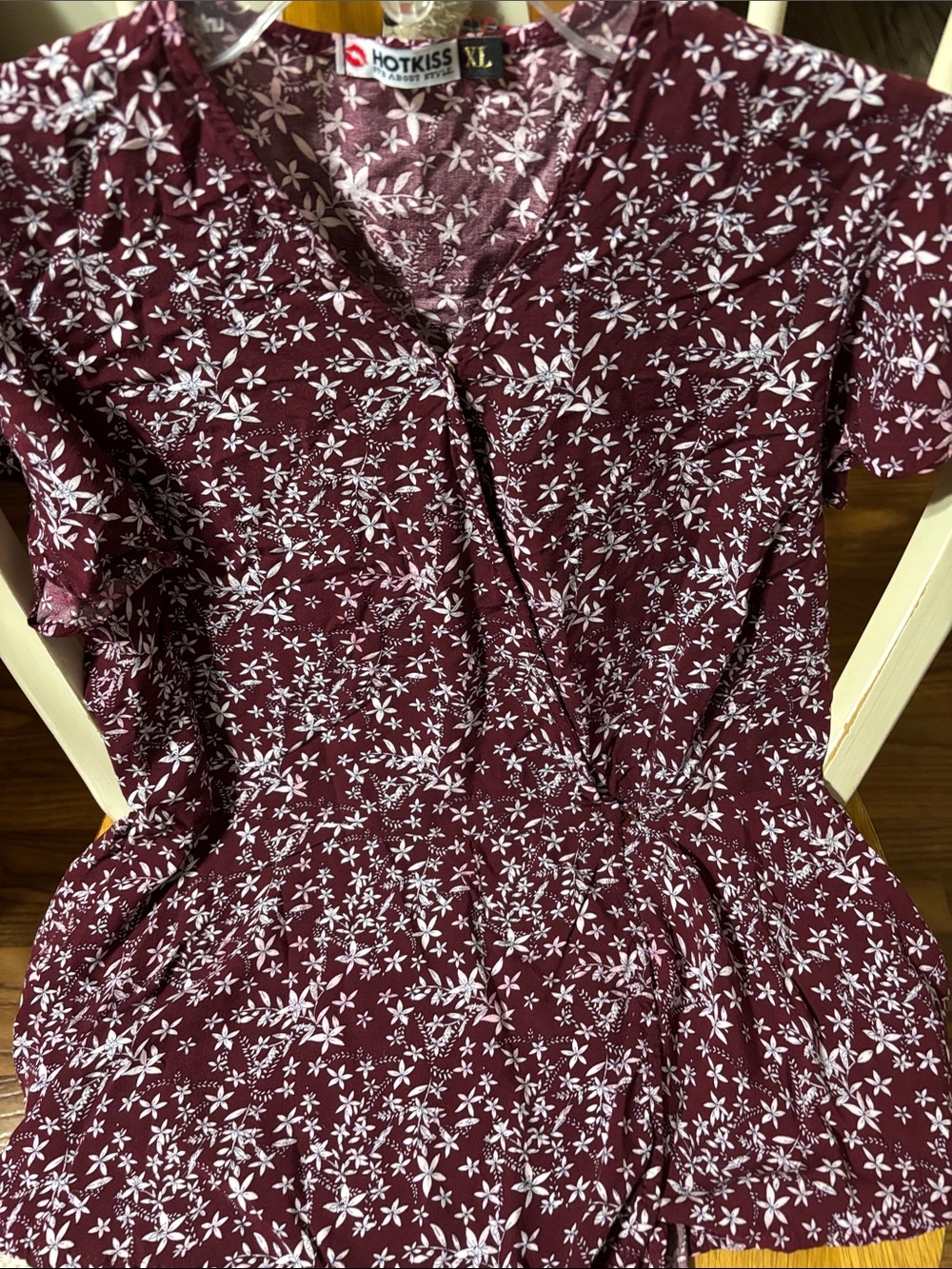 Hot Kiss Burgundy Floral V-Neck Short Sleeve Blouse